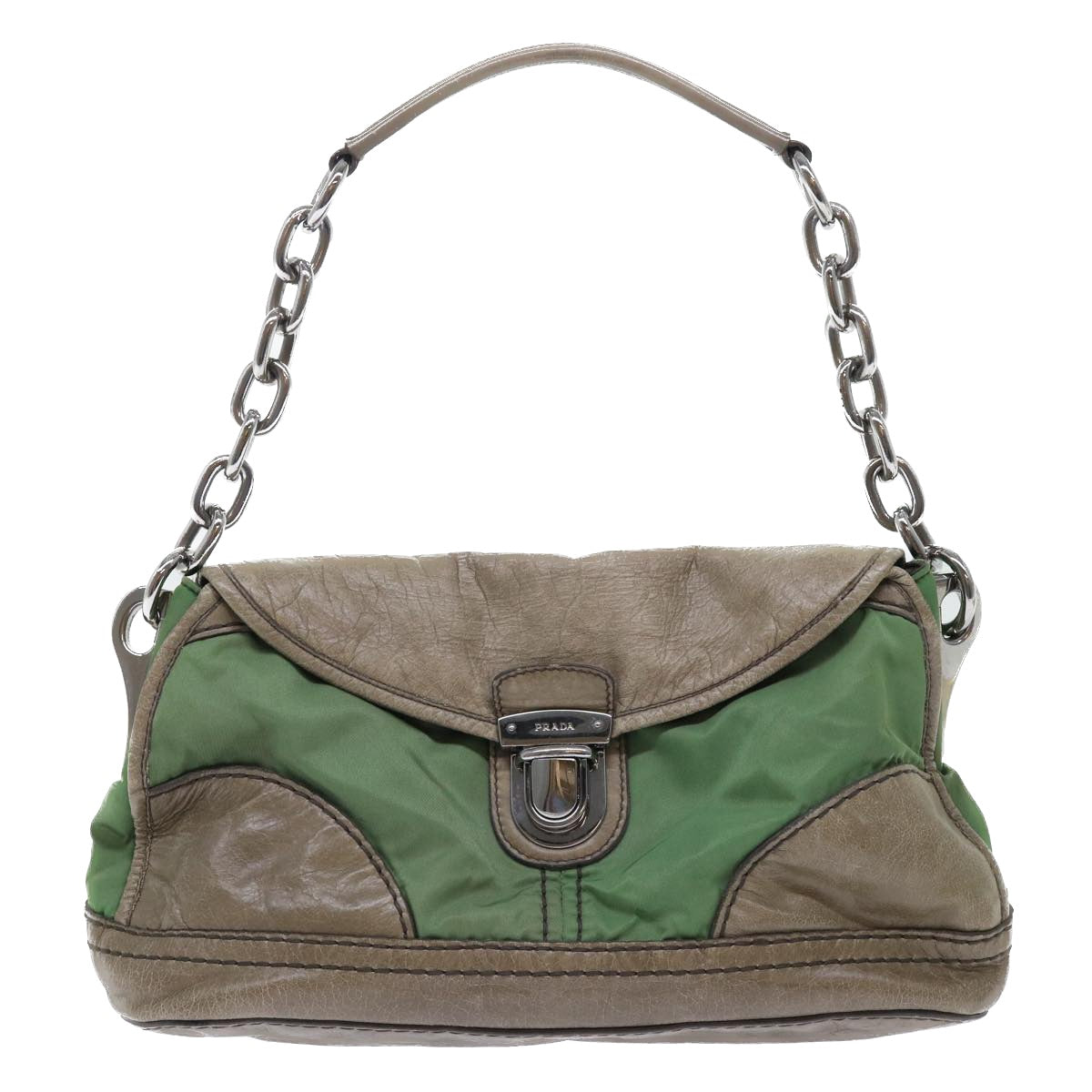 Prada Chain Hand Bag Nylon Leather Green