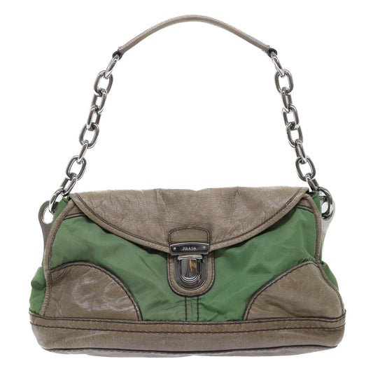 Prada Chain Hand Bag Nylon Leather Green