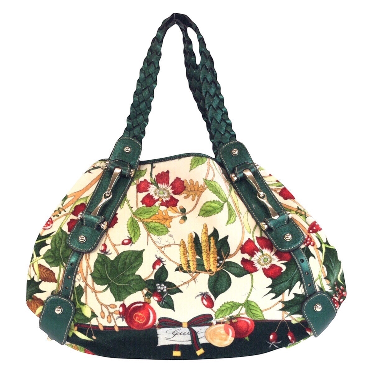 GUCCI Tote Bag 137621 Velour, Leather Green Multicolor SilverMetal Tote Bag Shoulder Bag Horsebit Floral print Women