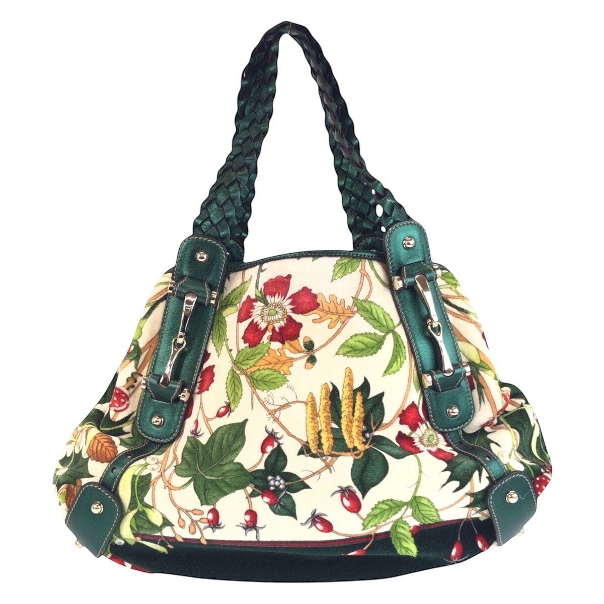 GUCCI Tote Bag 137621 Velour, Leather Green Multicolor SilverMetal Tote Bag Shoulder Bag Horsebit Floral print Women