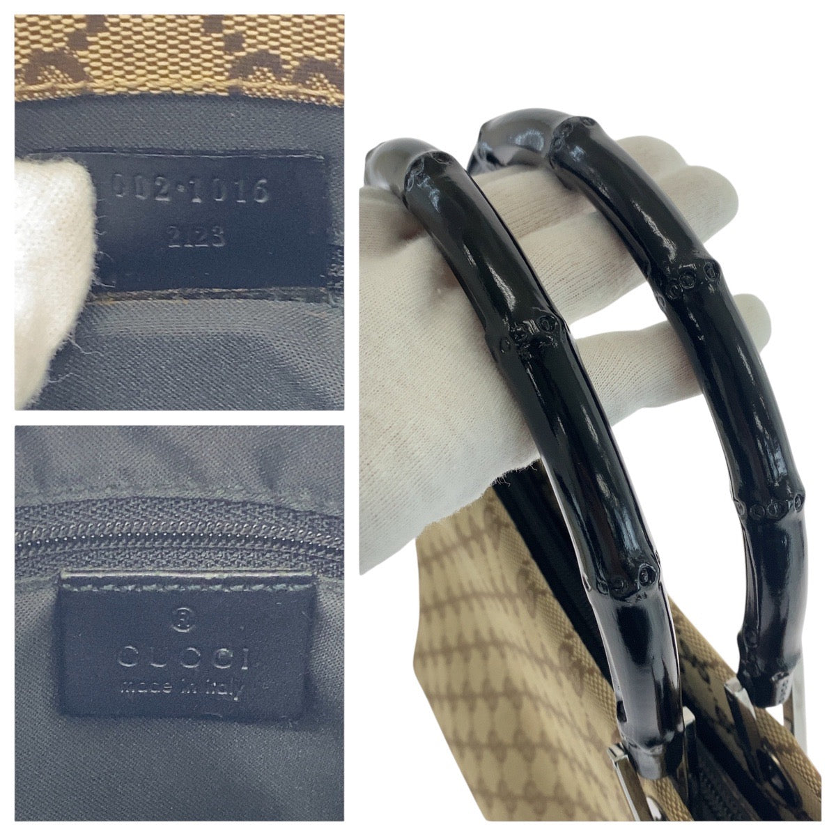 GUCCI Tote Bag 002 1016 GG canvas Beige Black SilverMetal Tote Bag handbag Bamboo Women