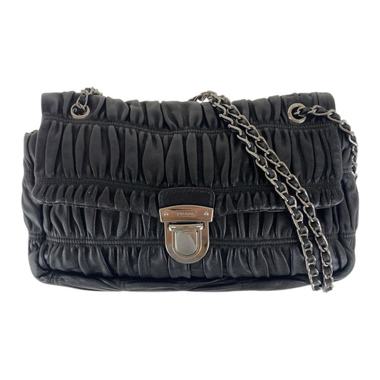 PRADA Shoulder Bag leather Black SilverMetal Crossbody Chain Shoulder Bag Gathered Women