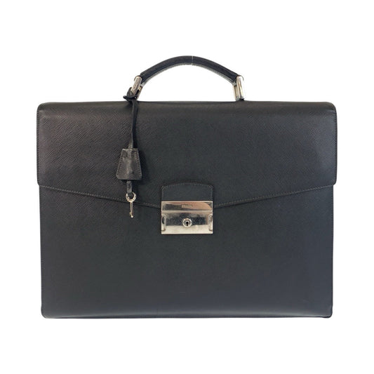 PRADA Business bag leather Black SilverMetal Business bag briefcase Safiano mens