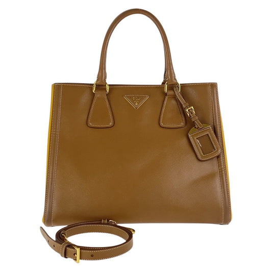 PRADA Tote Bag leather Brown Yellow Gold Metal Tote Bag Shoulder Bag 2WAY Safiano Triangle With logo Women