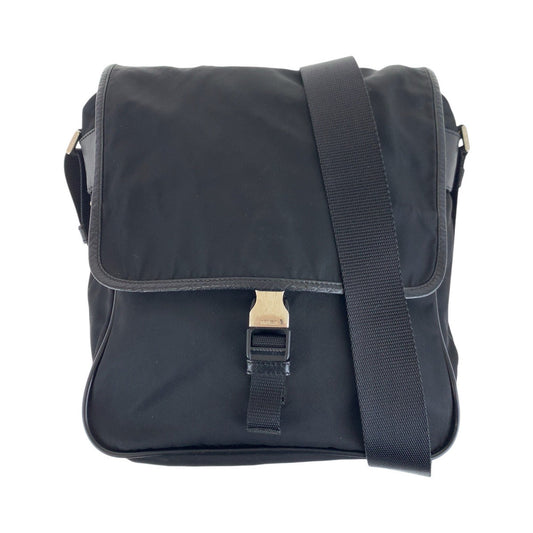 PRADA Shoulder Bag Nylon, Leather Black SilverMetal Shoulder Bag pochette Testo Saffiano Triangle With logo mens