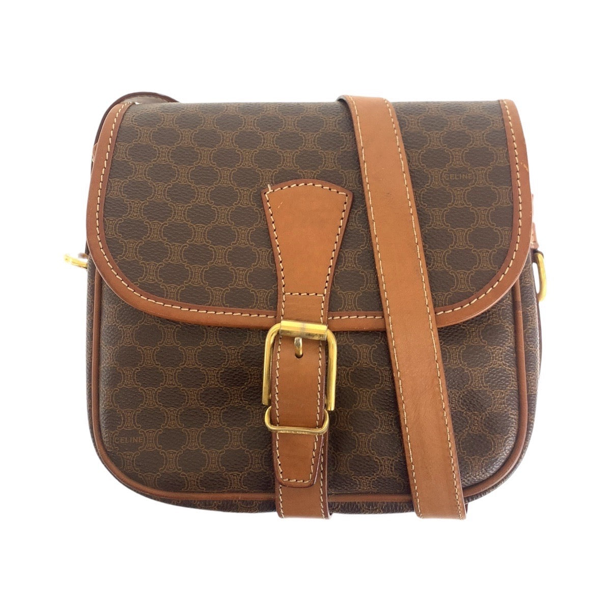 CELINE Shoulder Bag PVC, Leather Brown Gold Metal Shoulder Bag pochette Macadam Women