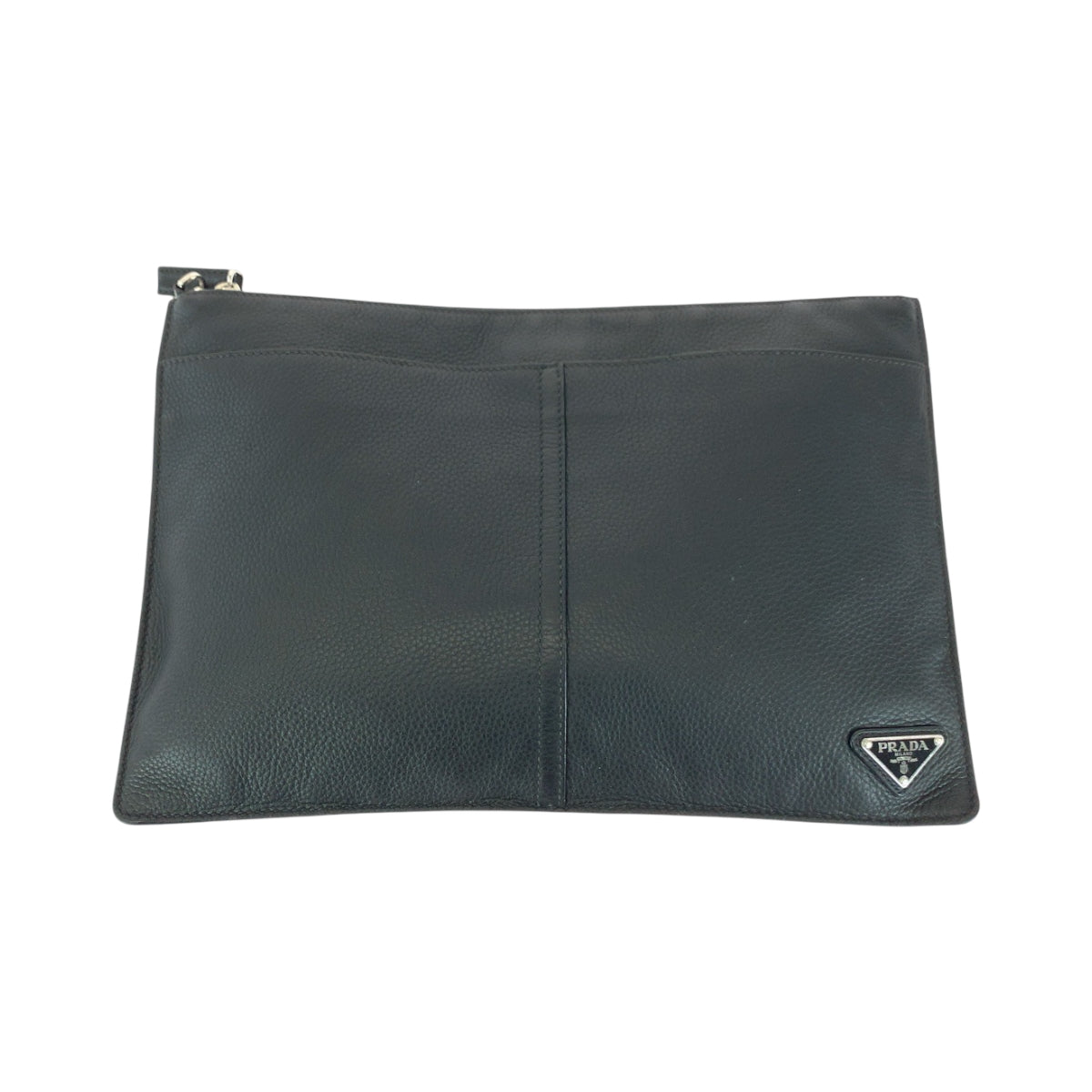 PRADA Clutch bag leather Black SilverMetal Clutch bag business bag Vitello City Triangle With logo mens