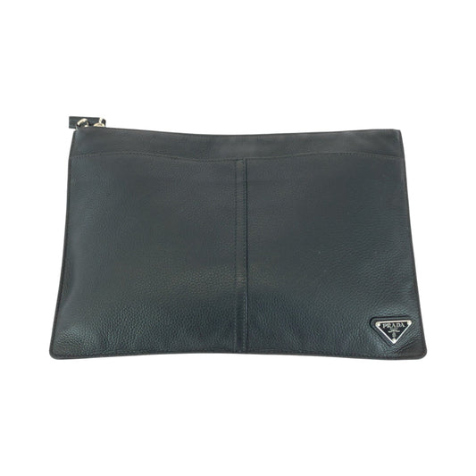 PRADA Clutch bag leather Black SilverMetal Clutch bag business bag Vitello City Triangle With logo mens