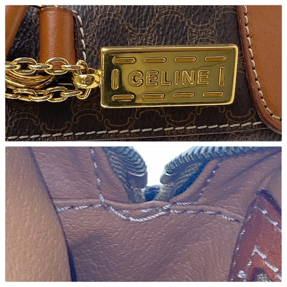 CELINE Shoulder Bag PVC, Leather Brown Gold Metal Crossbody Shoulder Bag Pochette Macadam Women