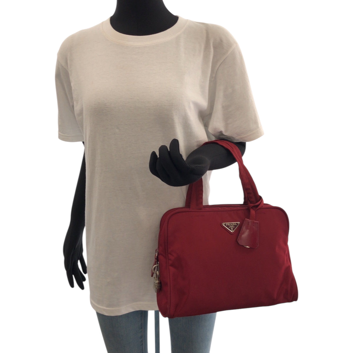 PRADA Tote Bag B8495 Nylon Red Silver Metal Tote Bag handbag Test Triangle With logo Women