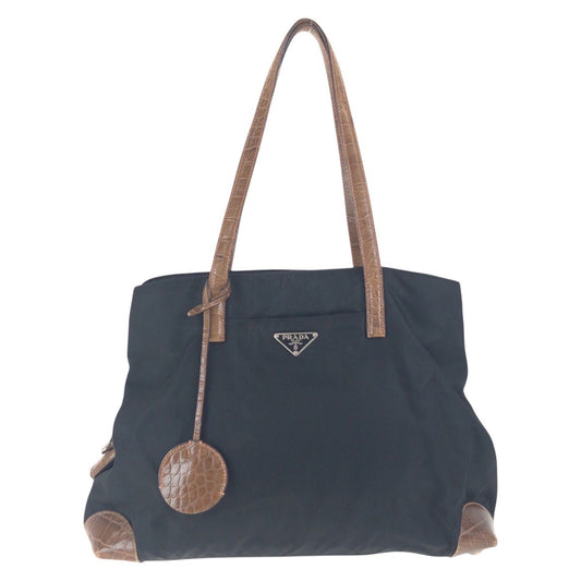 PRADA Shoulder Bag Nylon, Leather Black Brown SilverMetal Shoulder Bag Tote Bag Test Triangle With logo Women