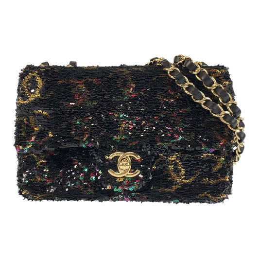 CHANEL Shoulder Bag lambskin Black Multicolor Gold Metal ChainShoulder Bag COCO Mark Turnlock Sequins Women