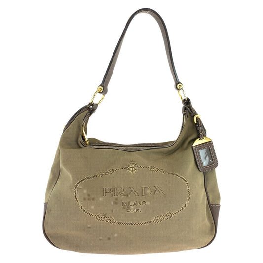 PRADA Shoulder Bag Canvas, Leather Brown Gold Metal Hobo Shoulder Bag Logo jacquard Women