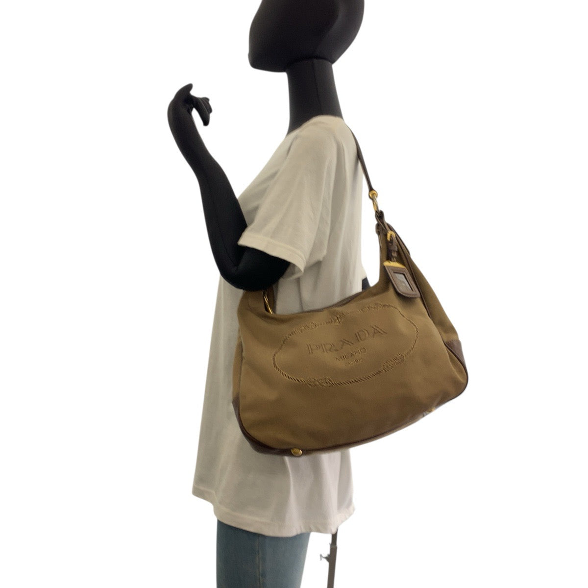 PRADA Shoulder Bag Canvas, Leather Brown Gold Metal Hobo Shoulder Bag Logo jacquard Women