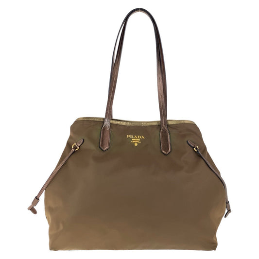 PRADA Tote Bag Nylon, Leather Brown Gold Metal Tote Bag Shoulder Bag Testo Saffiano Triangle With logo Women