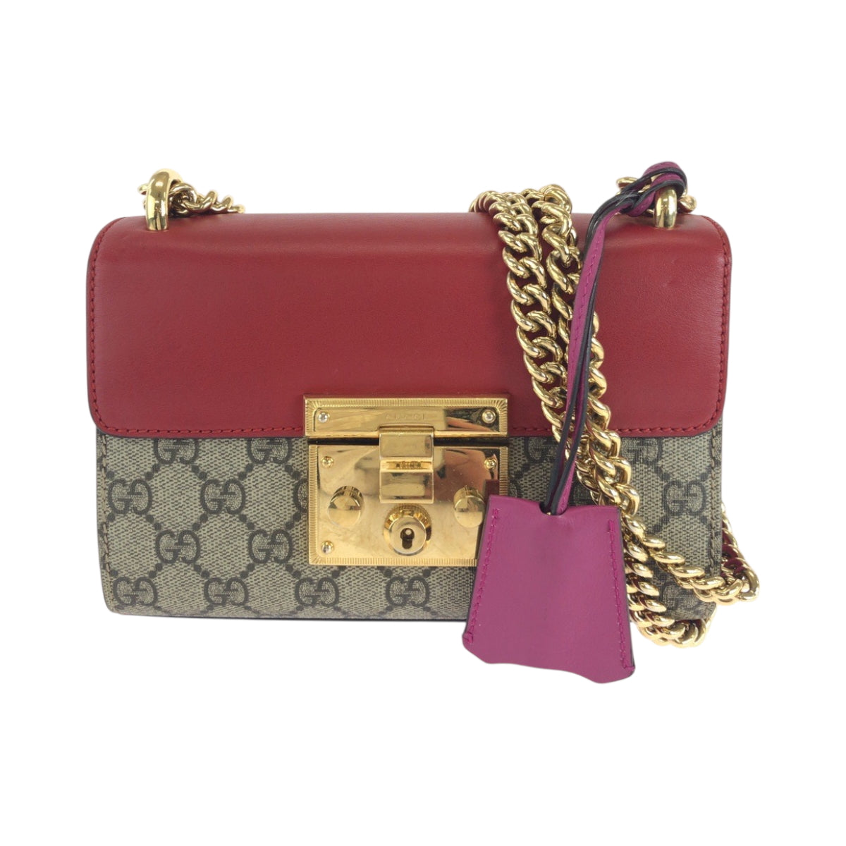 GUCCI Shoulder Bag 409487 GG Supreme Canvas Red Pink Brown Gold Metal ChainShoulder Bag Pochette Ready lock Women