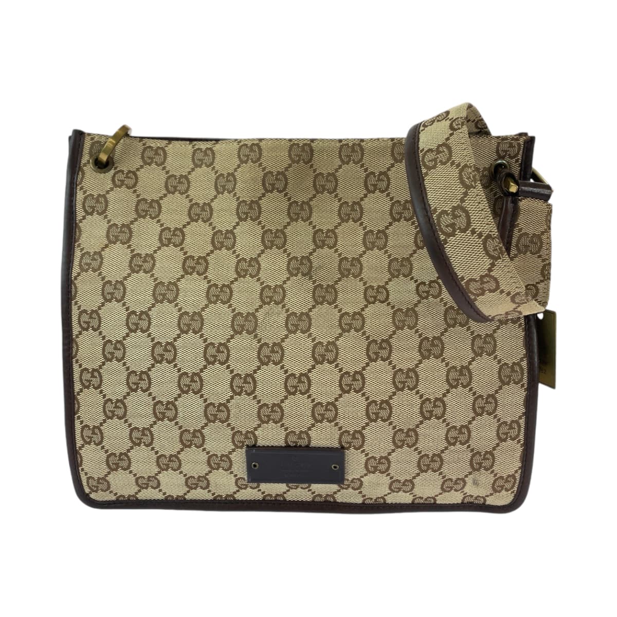 GUCCI Shoulder Bag 91762 GG canvas Beige Brown Gold Metal Shoulder Bag pochette Plate charm Women