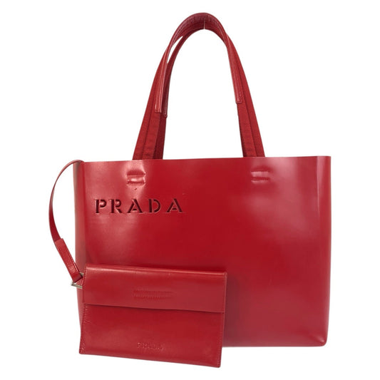 PRADA Tote Bag Leather, Suede Red Tote Bag Shoulder Bag Logo die cut Women