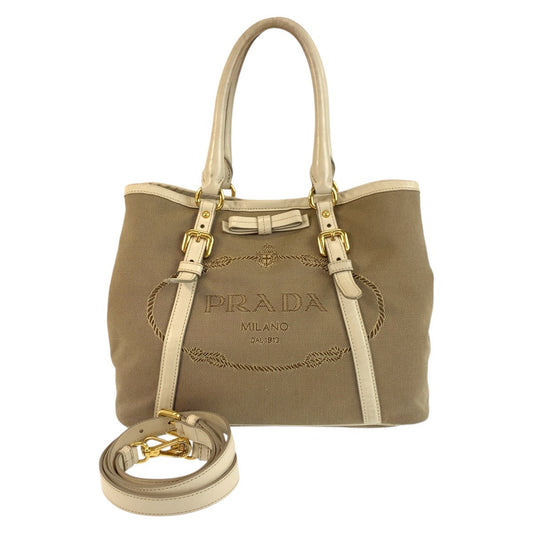 PRADA Tote Bag Canvas, Leather Beige Gold Metal Tote Bag Shoulder Bag 2way Logo jacquard Women