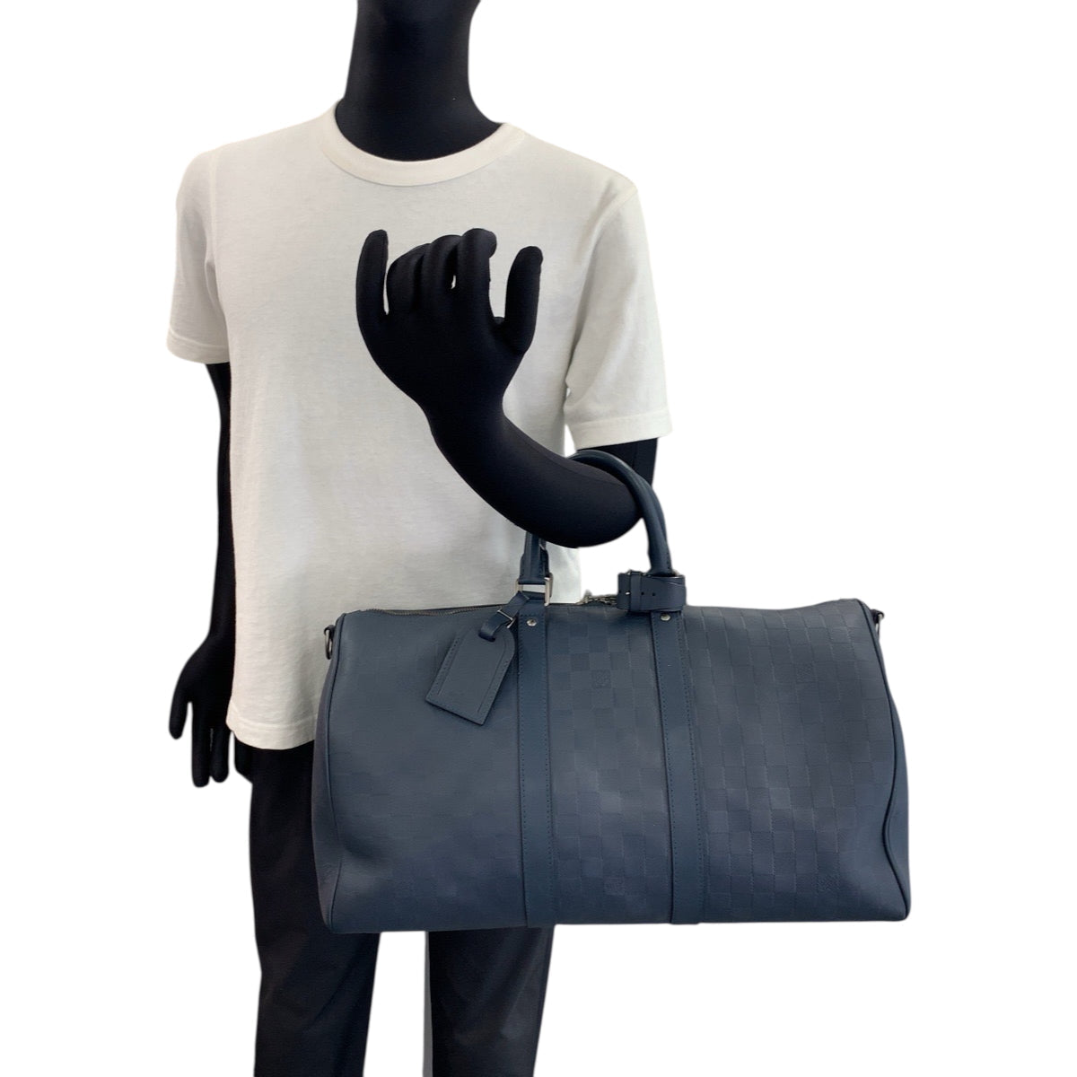 LOUIS VUITTON Boston Duffel bag leather Navy SilverMetal Boston Duffel bag Handbag Damier Anfini Keepall 45 bandouliere mens