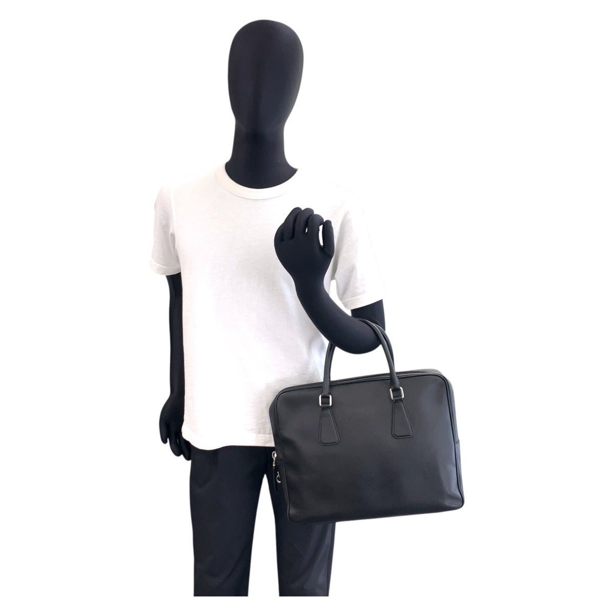 PRADA Business bag leather Black SilverMetal Business bag briefcase Safiano mens
