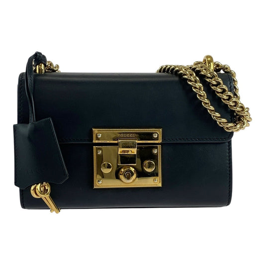 GUCCI Shoulder Bag 409487 leather Black GoldMetal ChainShoulder Bag Padlock Women
