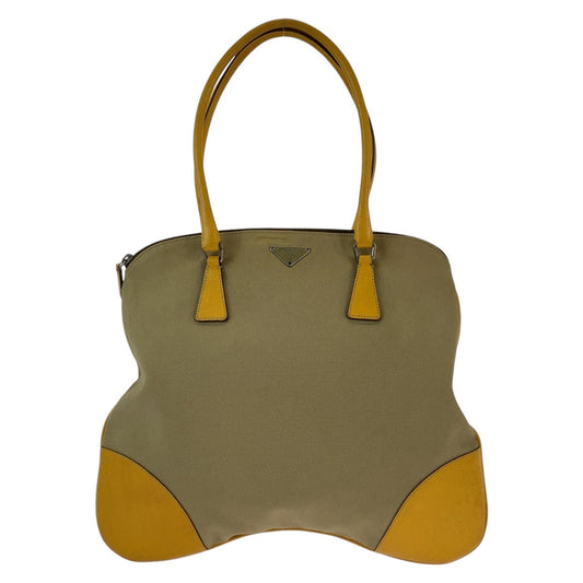 PRADA Tote Bag Canvas, Leather Beige Yellow SilverMetal Tote Bag Handbag Shoulder Bag Triangle With logo Women