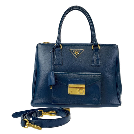 PRADA Handbag leather Blue Gold Metal 2way Handbag Crossbody Shoulder Bag Safiano Triangle With logo Women