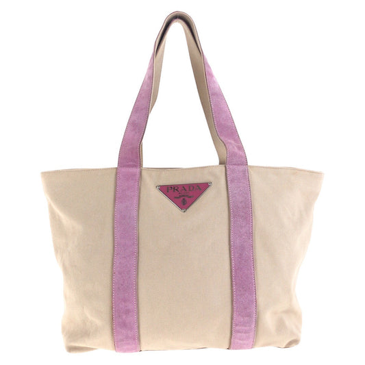 PRADA Tote Bag Canvas, Suede Beige pink Tote Bag Shoulder Bag Triangle With logo Women