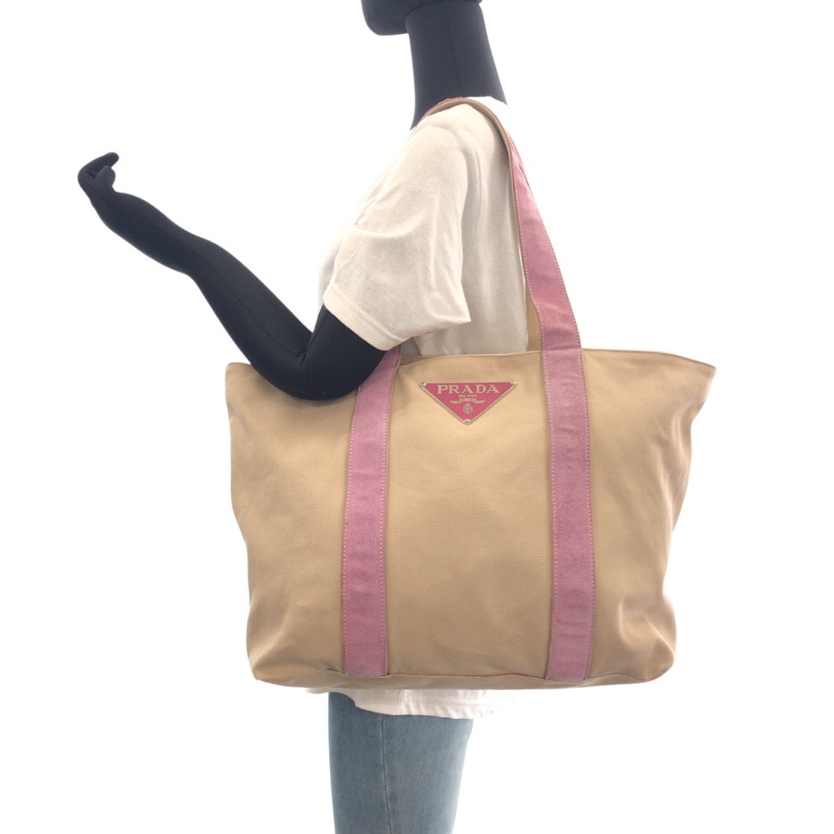 PRADA Tote Bag Canvas, Suede Beige pink Tote Bag Shoulder Bag Triangle With logo Women