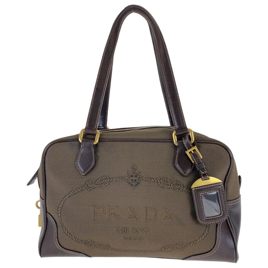 PRADA Shoulder Bag Canvas, Leather Brown Shoulder Bag Handbag Tote Bag Logo jacquard Women