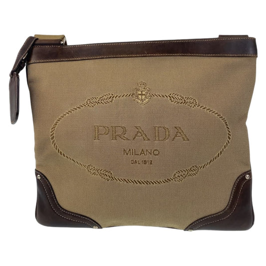 PRADA Shoulder Bag canvas Beige Brown SilverMetal Shoulder Bag Messenger bag Logo jacquard Women(Unisex)
