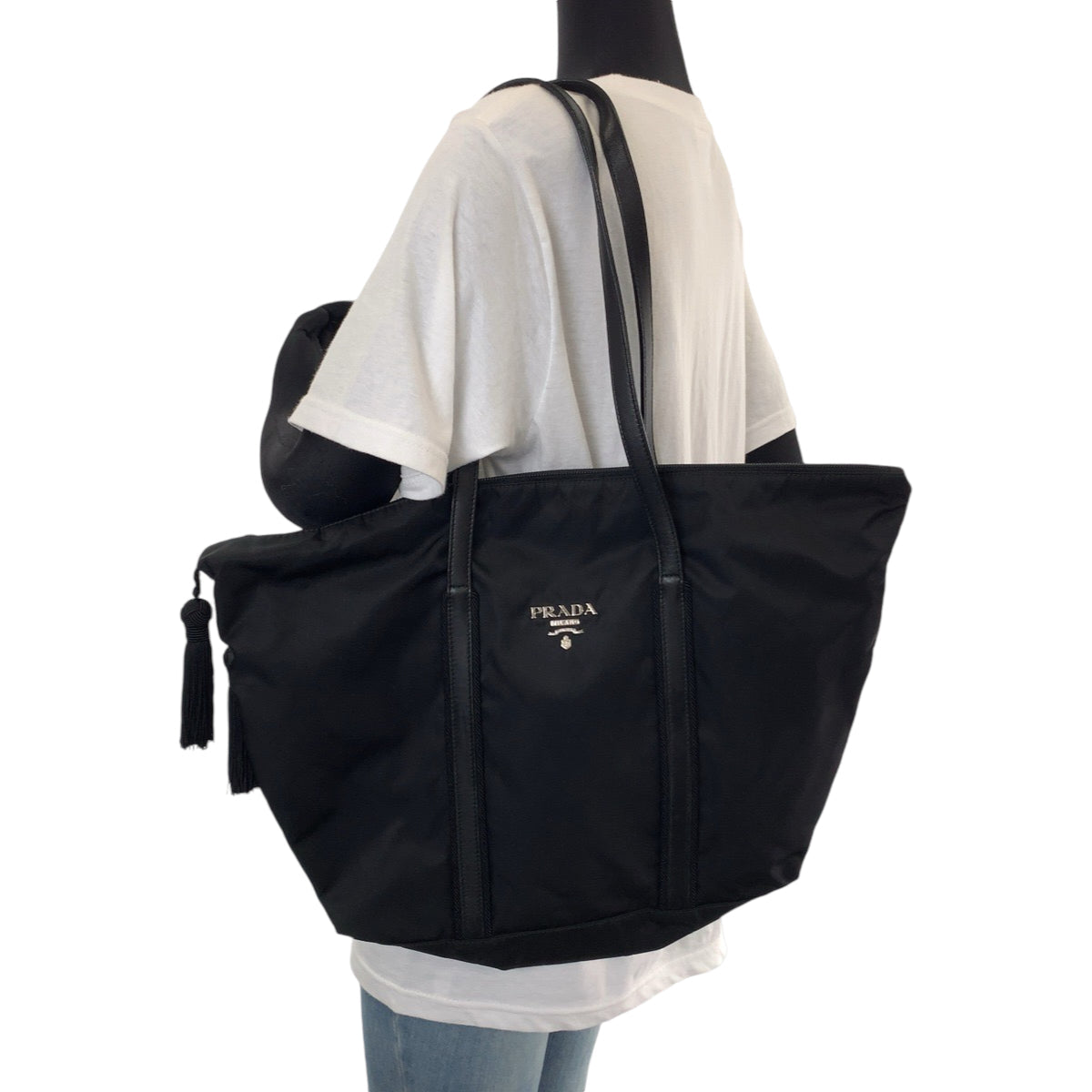 PRADA Tote Bag Nylon Black SilverMetal Tote Bag Shoulder Bag Test Triangle With logo Fringe Women