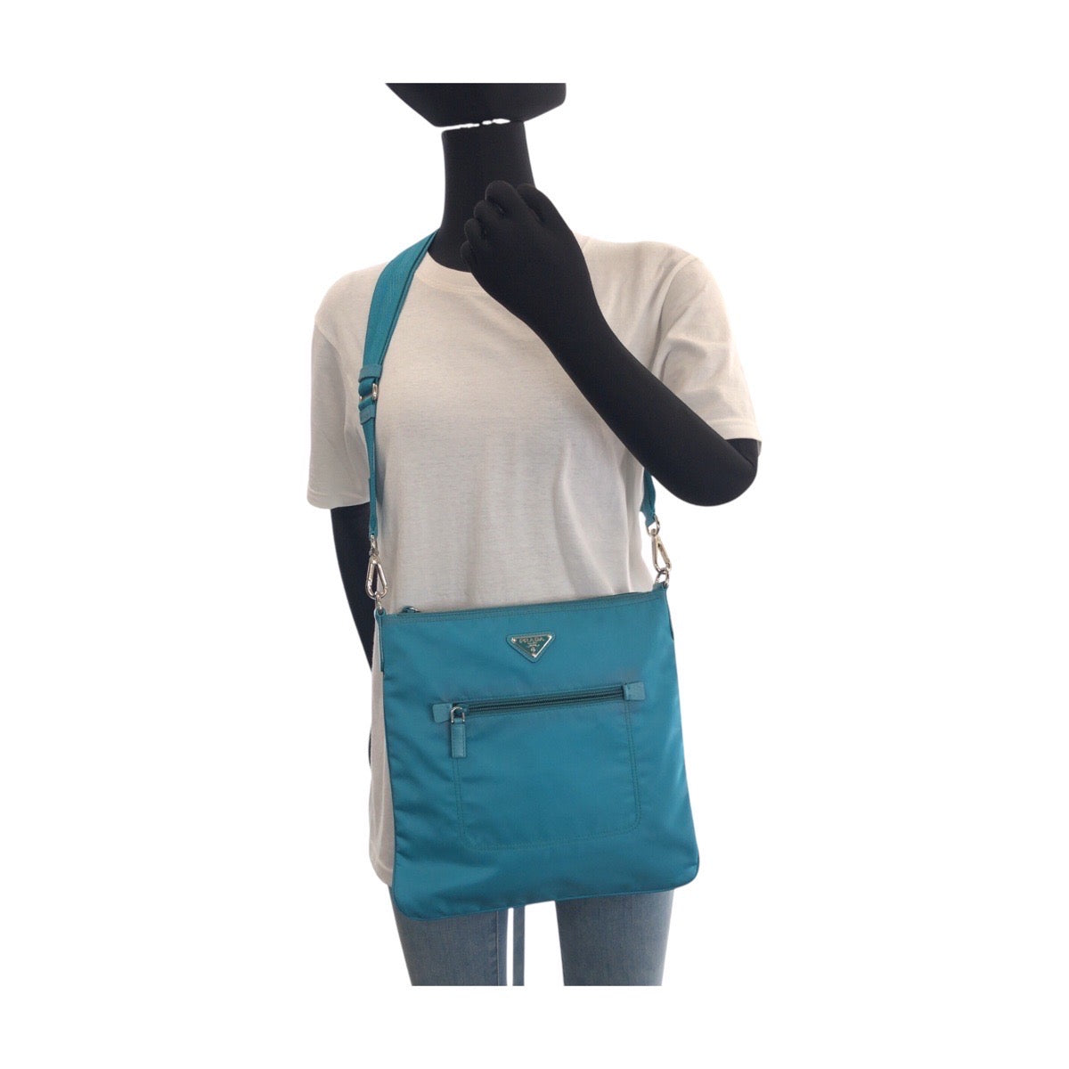 PRADA Shoulder Bag Nylon Light Blue Emerald SilverMetal Shoulder Bag pochette Test Triangle With logo Women
