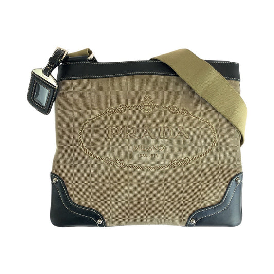 PRADA Shoulder Bag Canvas, Leather Beige Black SilverMetal Shoulder Bag Messenger bag Logo jacquard Women
