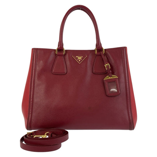 PRADA Tote Bag leather Red Gold Metal Tote Bag Handbag Shoulder Bag 2way Safiano Women