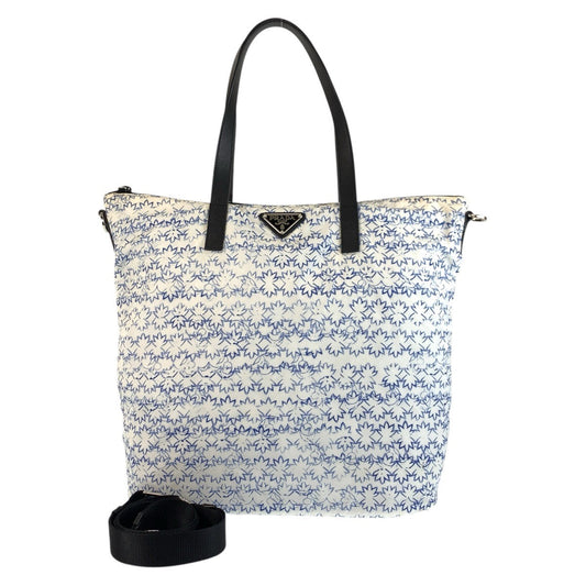 PRADA Tote Bag Nylon, Leather White blue black Tote Bag Shoulder Bag 2way Women