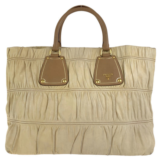 PRADA Tote Bag leather Beige Gold Metal Tote Bag Shoulder Bag Safiano Women
