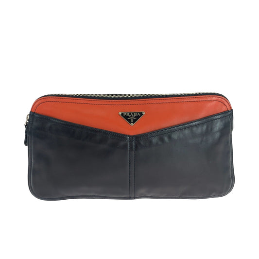 PRADA Clutch bag leather Black Orange SilverMetal Clutch bag business bag Triangle With logo Women