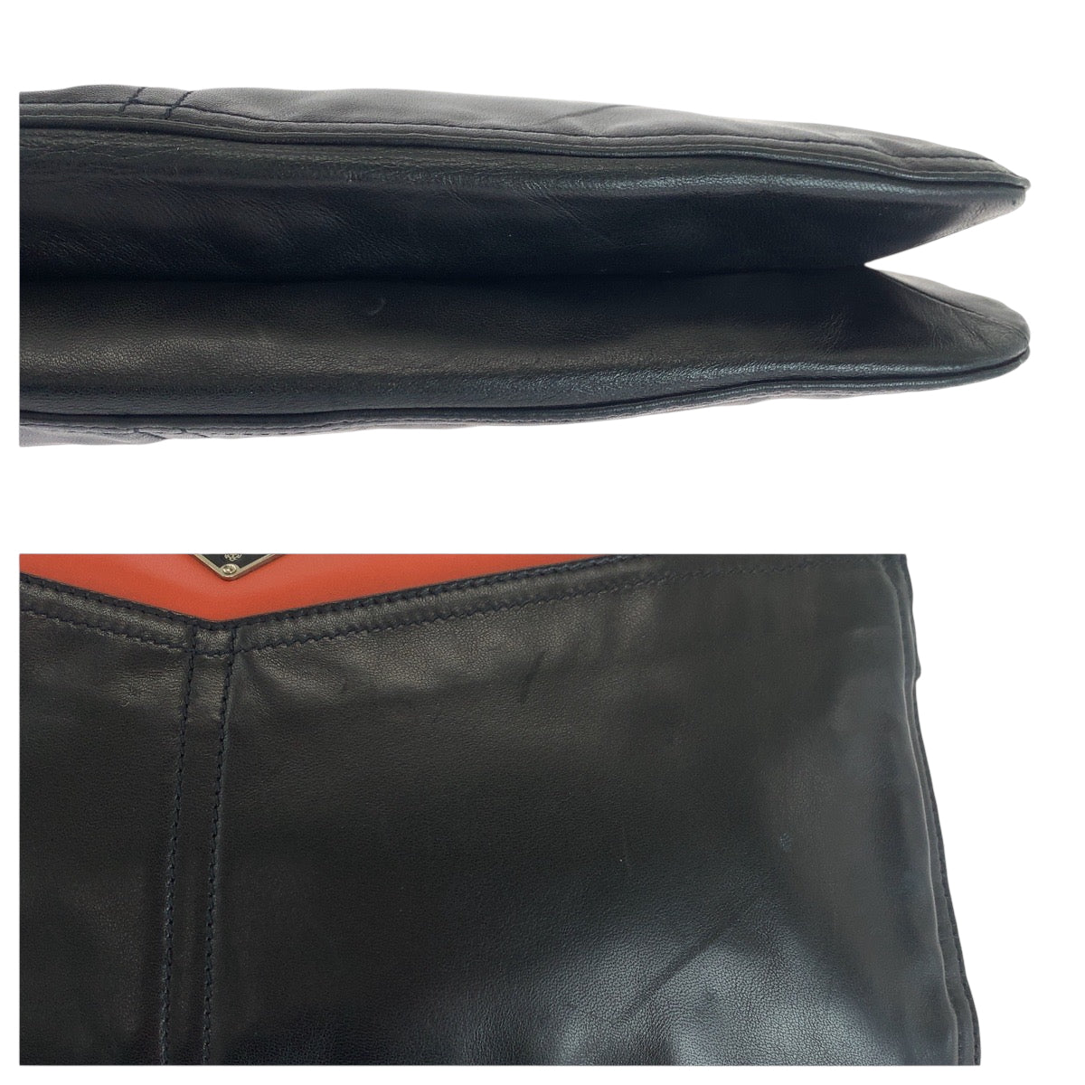 PRADA Clutch bag leather Black Orange SilverMetal Clutch bag business bag Triangle With logo Women