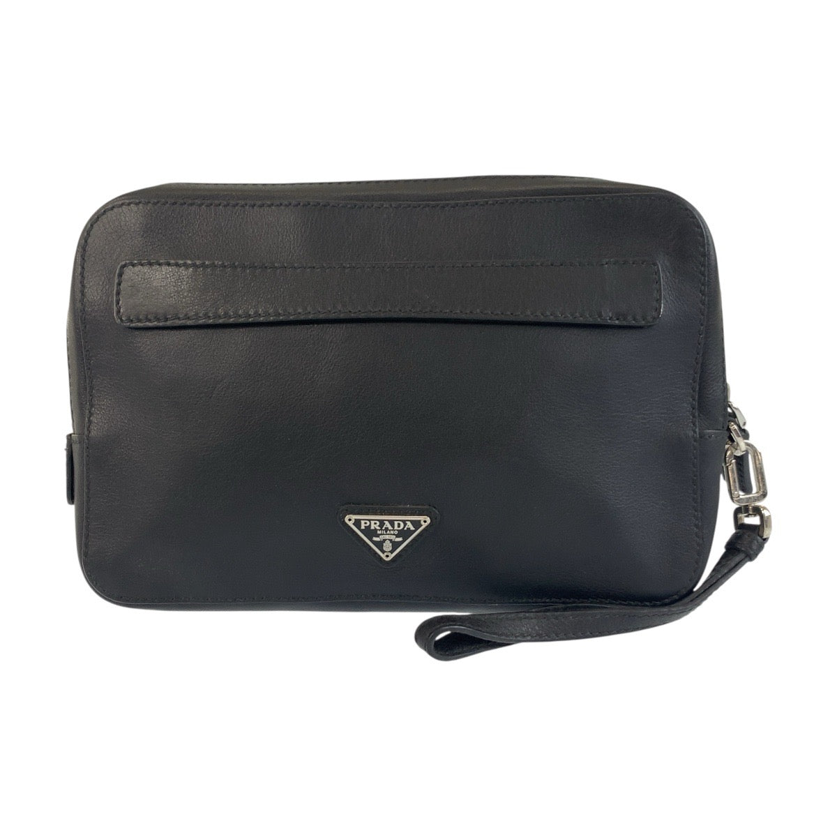 PRADA Clutch bag leather Black SilverMetal Clutch bag business bag Triangle With logo mens
