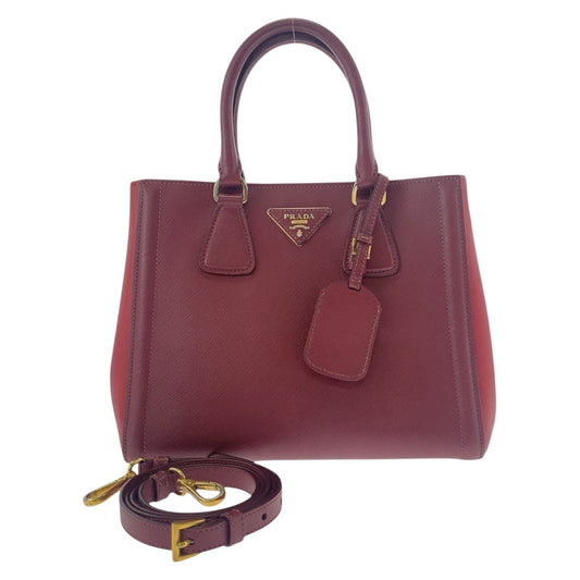 PRADA Handbag leather Red Wine Red Gold Metal Handbag Tote Bag Shoulder Bag 2WAY Safiano Triangle With logo Women