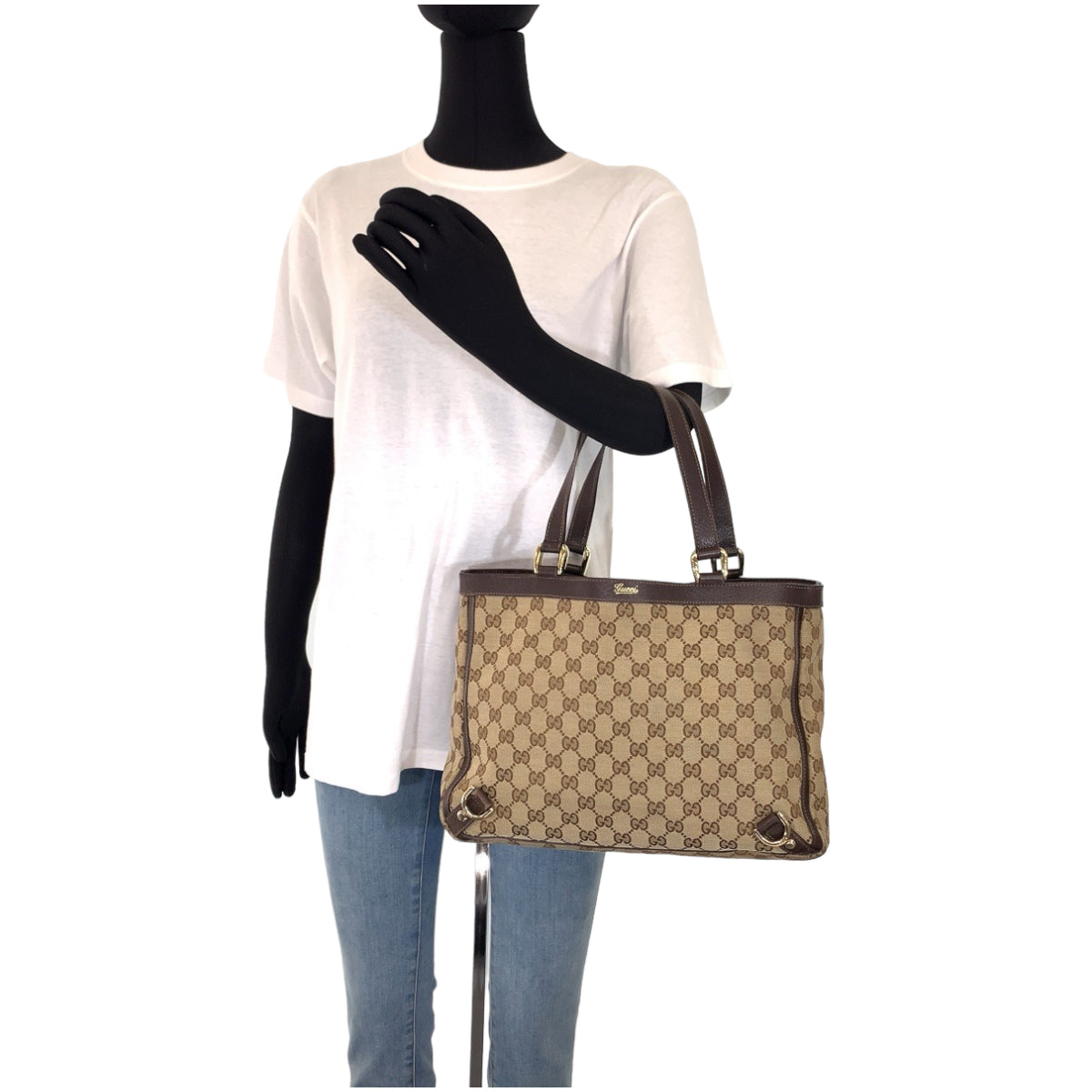 GUCCI Tote Bag 170004 GG canvas, leather Beige Brown Gold Metal Tote Bag Shoulder Bag Abbey Women