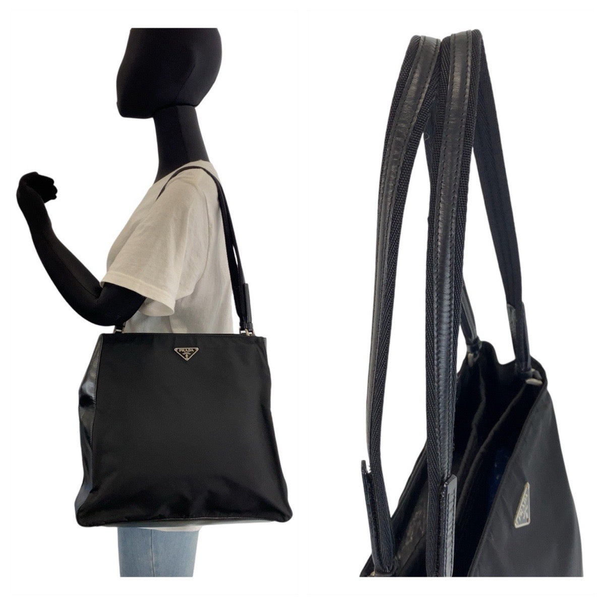 PRADA Tote Bag Nylon Black Silver Metal Tote Bag Shoulder Bag Test Triangle With logo Women - Style 2