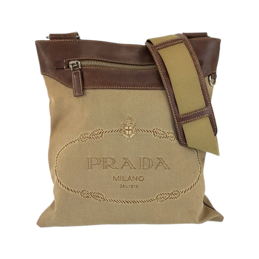 PRADA Shoulder Bag Canvas, Leather Beige Brown SilverMetal Shoulder Bag Messenger bag Logo jacquard Women