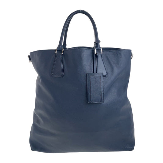PRADA Tote Bag 7B leather Navy SilverMetal Tote Bag handbag Safiano Triangle With logo mens