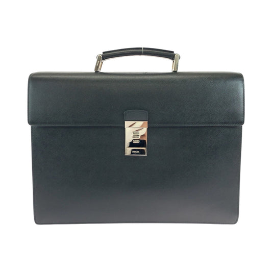 PRADA Business bag leather Black SilverMetal Business bag handbag Safiano logo mens