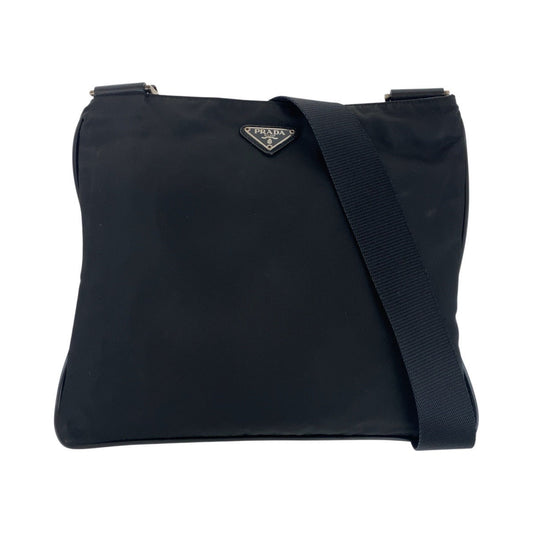 PRADA Shoulder Bag Nylon, Leather Black SilverMetal Shoulder Bag pochette Testo Saffiano Triangle With logo Women