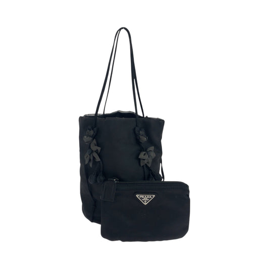 PRADA Tote Bag Nylon, Satin Black Silver Metal Tote Bag with pouch Tessuto Satin Women