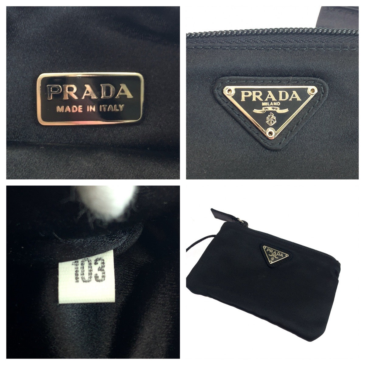 PRADA Tote Bag Nylon, Satin Black Silver Metal Tote Bag with pouch Tessuto Satin Women